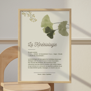 Affiche définition de la kinésiologie avec étymologie grecque (kínêsis, logos), illustration florale feuilles de ginkgo vert sauge, tagline Écouter Libérer Équilibrer