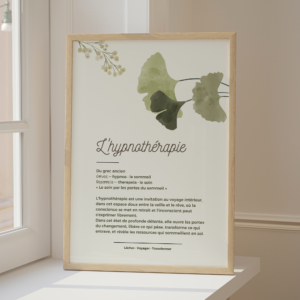 Affiche définition de l'hypnothérapie avec étymologie grecque (hypnos, therapeia), illustration florale feuilles de ginkgo vert sauge, tagline Lâcher Voyager Transformer