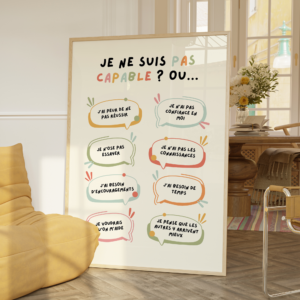 Affiche « je ne suis pas capable ? ou... » avec 8 bulles reformulant les blocages de l'enfant : peur, manque de confiance, besoin de temps ou d'encouragements
