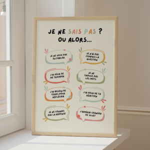Affiche « je ne sais pas ? ou alors... » avec 8 bulles reformulant les réponses évasives de l'enfant : peur de se tromper, besoin de temps, peur de la réaction