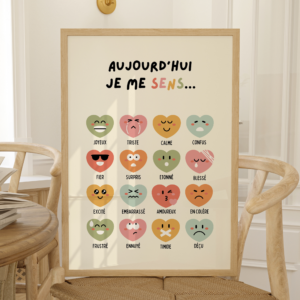 Affiche aujourd'hui je me sens avec 16 émotions illustrées par des cœurs colorés : joyeux, triste, calme, confus, fier, surpris, étonné, blessé, excité, embarrassé, amoureux, en colère, frustré, ennuyé, timide, déçu