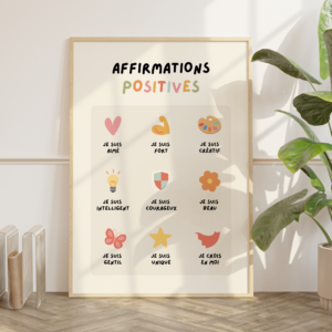Affiche affirmations positives pour enfants avec 9 qualités illustrées par des pictogrammes colorés : aimé, fort, créatif, intelligent, courageux, beau, gentil, unique, je crois en moi