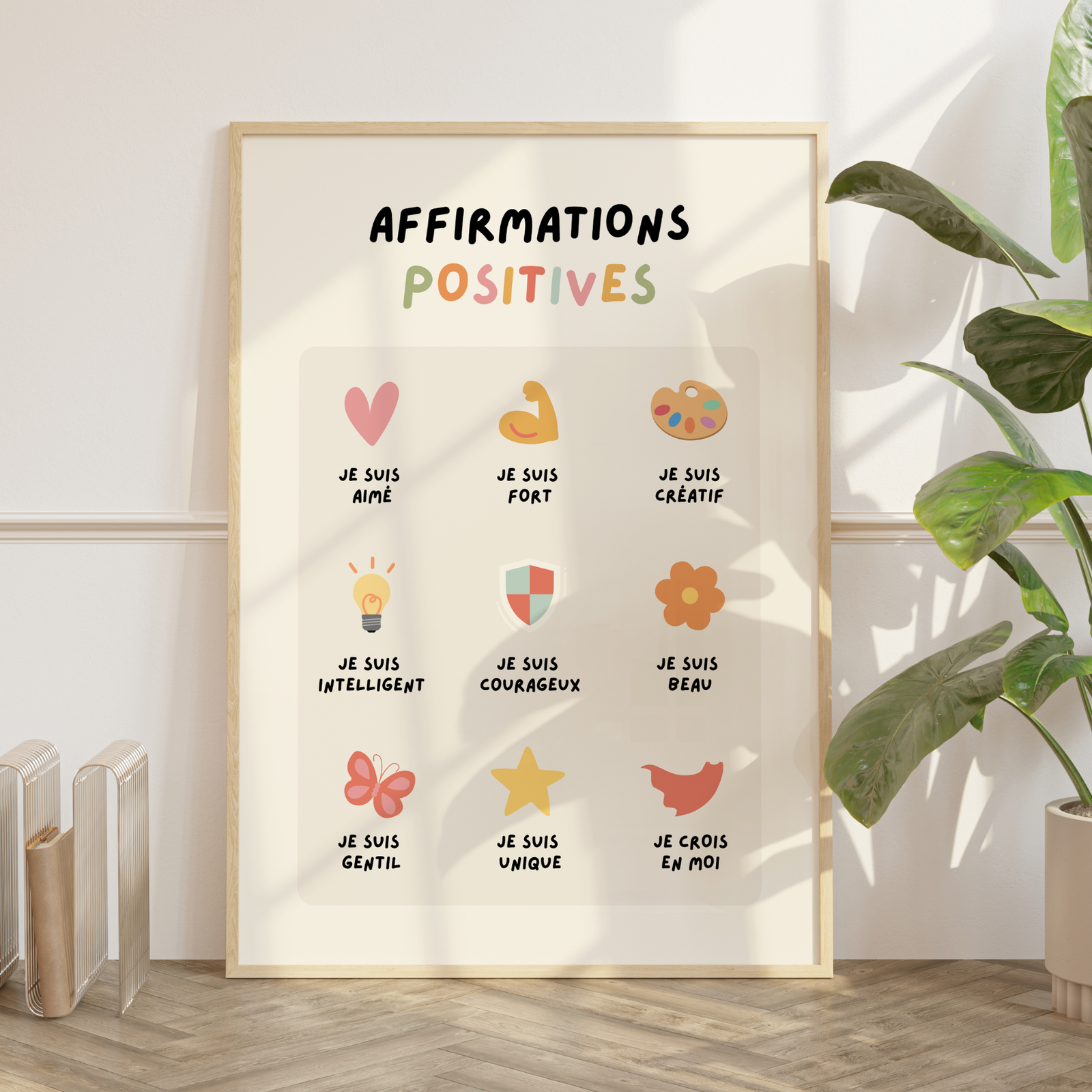 Affiche affirmations positives pour enfants avec 9 qualités illustrées par des pictogrammes colorés : aimé, fort, créatif, intelligent, courageux, beau, gentil, unique, je crois en moi