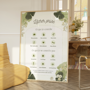 Affiche lâcher prise avec cercle de contrôle : pensées, actions, choix, habitudes, attitude et efforts d'un côté ; les autres, le temps, la météo, les imprévus, les maladies et les injustices de l'autre, illustration florale sauge et blanche.