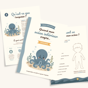 Carnet d'activités l'angoisse à imprimer pour enfant, illustration pieuvre et océan intérieur