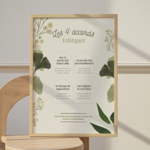 Affiche florale des 4 accords toltèques à imprimer, illustration aquarelle vert sauge et fleurs blanches, citations de développement personnel