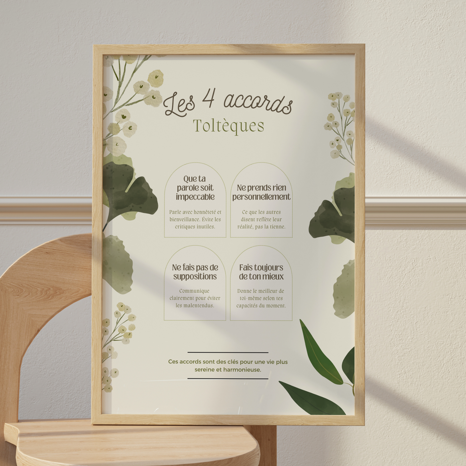 Affiche florale des 4 accords toltèques à imprimer, illustration aquarelle vert sauge et fleurs blanches, citations de développement personnel