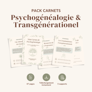 Carnet de psychogénéalogie et transgénérationnel à imprimer, carnet thérapeute et fiches connaissance, illustration arbre transgénérationnel et feuillage vert sauge