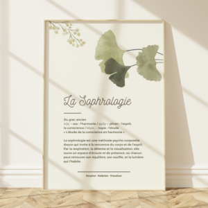 Affiche définition de la sophrologie avec étymologie grecque (sôs, phren, logos), illustration florale feuilles de ginkgo vert sauge, tagline Respirer Relâcher Visualiser